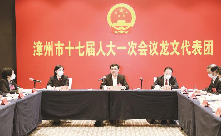 图为：市长王进足在龙文代表团与代表们一起审议有关文件